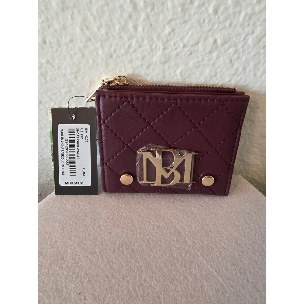 Badgley Mischka Plum Quilted Short Card Wallet BM-4177 Gold Hardware NEW